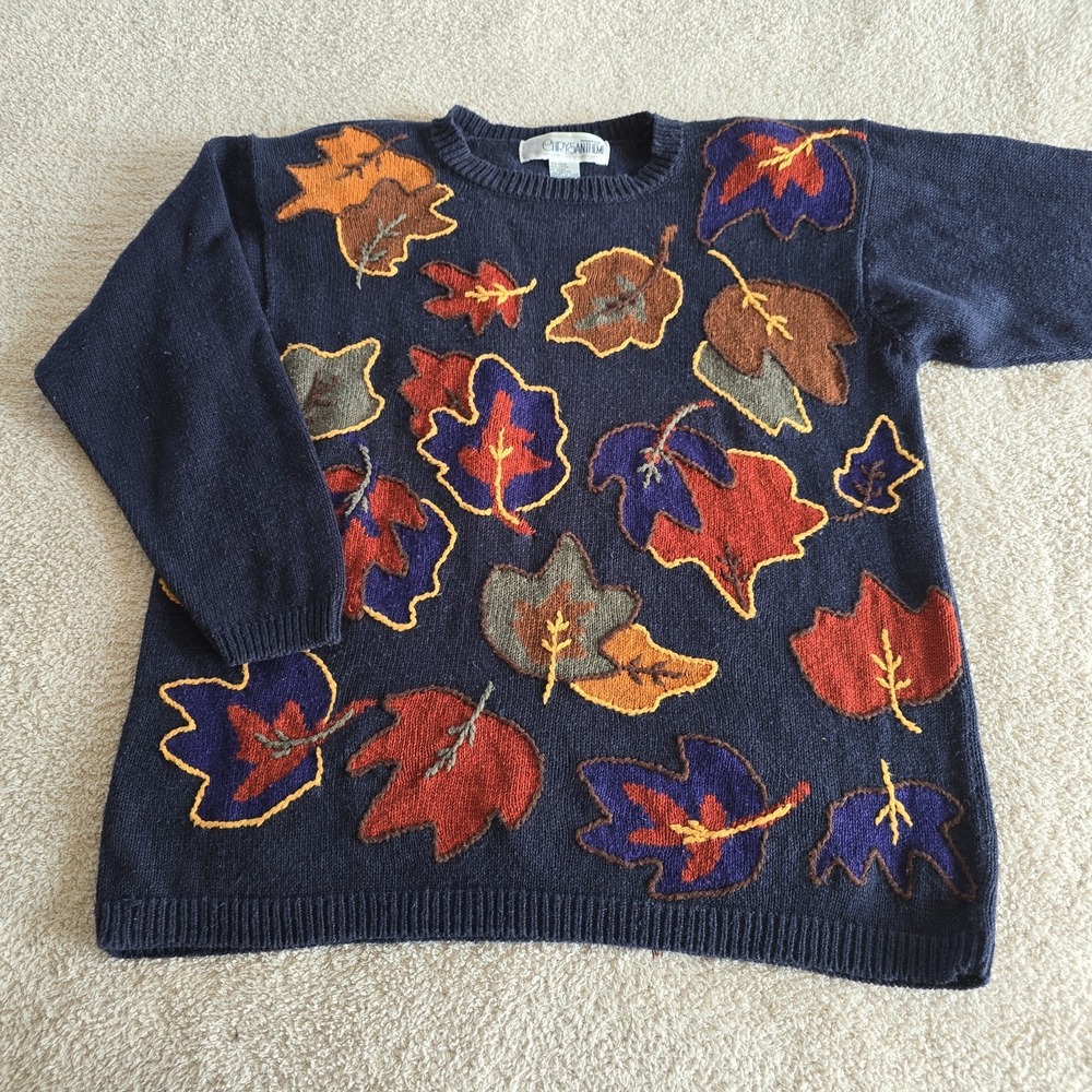 Vintage Chrysantheme Sweater Fall Autumn Leaves Navy Blue Size 14/16 Cottagecore